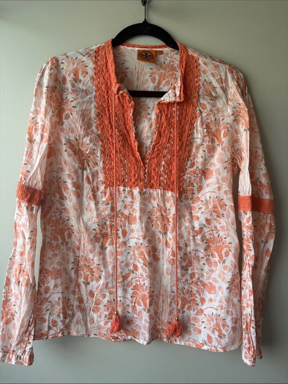 Tory Burch White and Orange Floral Crochet-Trim Tunic gold size 6 cotton